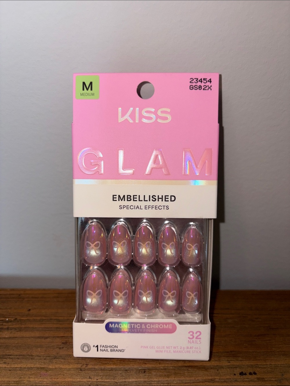 Kiss Pink Iridescent Chrome Embellished Press-On Nails with Cute Bows